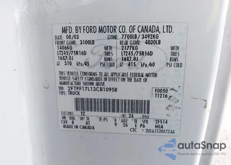 2003 Ford F-150 Xl/Xlt z USA, uszkodzony, nr VIN 2FTPF17L13CB10958